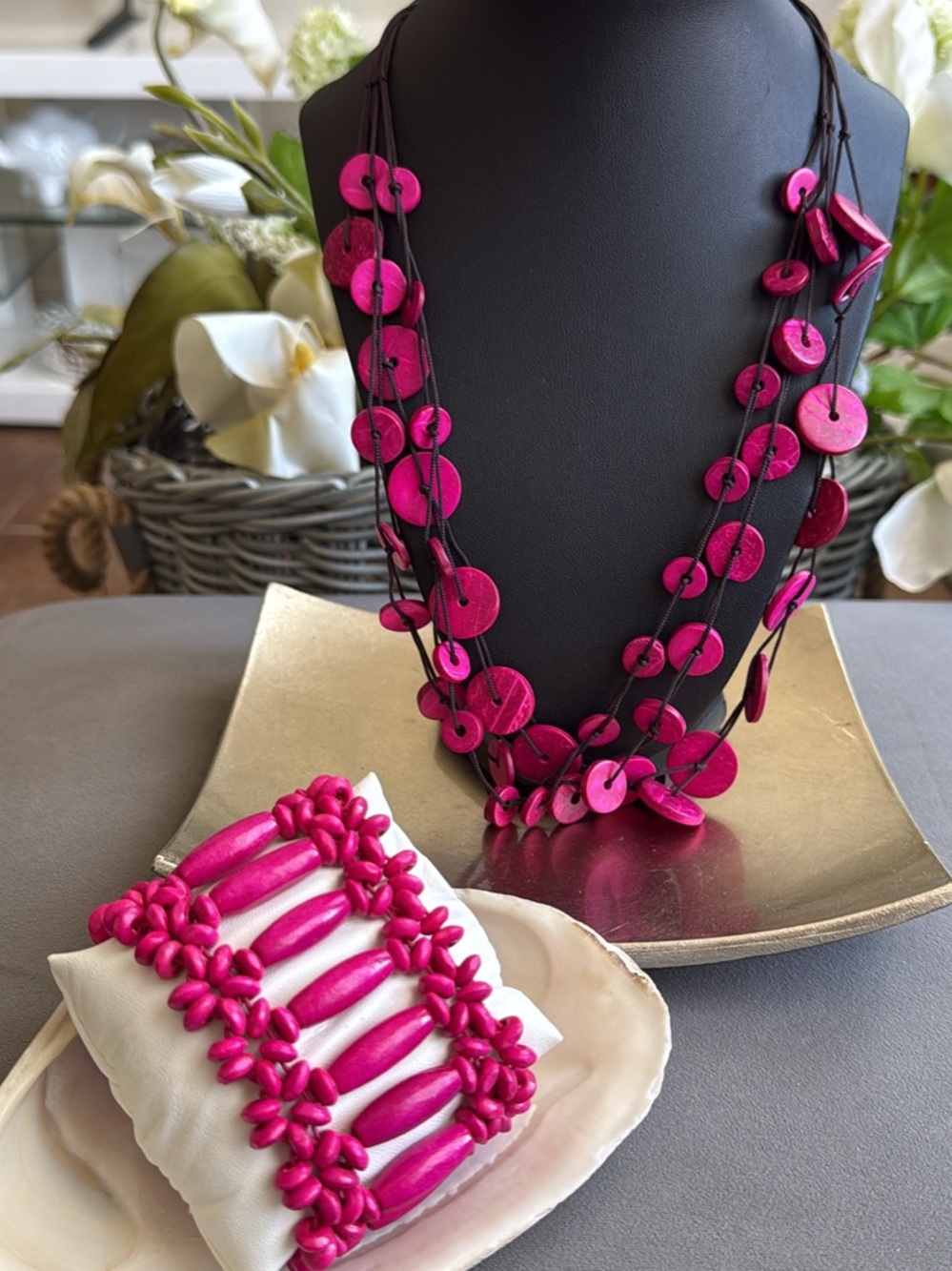 Fuchsia Beaded Necklace and Bracelet Set - Women's Jewelry